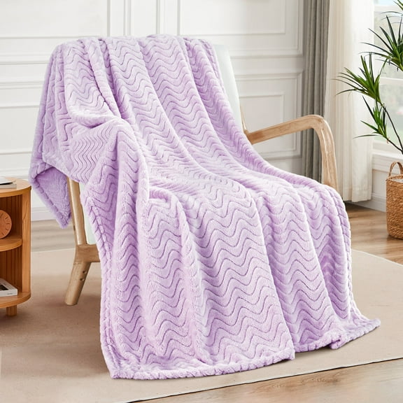 Exclusivo Mezcla Large Flannel Fleece Throw Blanket, Jacquard Weave Wave Pattern Blanket (50" x 70", Lilac Purple)