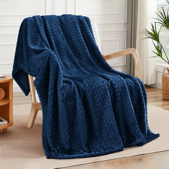 Exclusivo Mezcla Large Flannel Fleece Throw Blanket, Jacquard Weave Wave Pattern Blanket (50" x 70", Navy Blue)