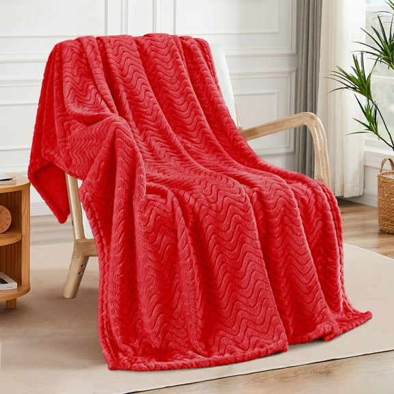 Exclusivo Mezcla Large Flannel Fleece Throw Blanket, Jacquard Weave Wave Pattern Blanket (50" x 70", Red)