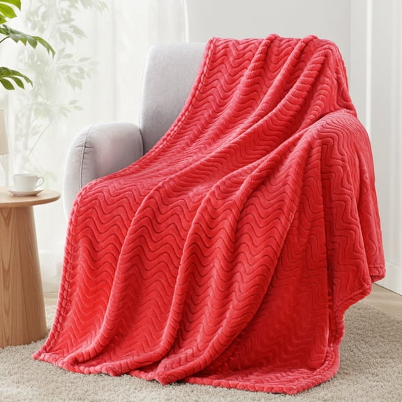 Exclusivo Mezcla Large Flannel Fleece Throw Blanket, Jacquard Weave Wave Pattern Blanket (50" x 70", Red)