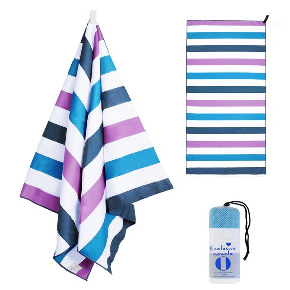 Exclusivo Mezcla Large Microfiber Quick Dry Beach Towel, Lightweight Sand-Free Cabana Stripe Pool Travel Camping Towel with Bag (Dark Purple, 30"X60")