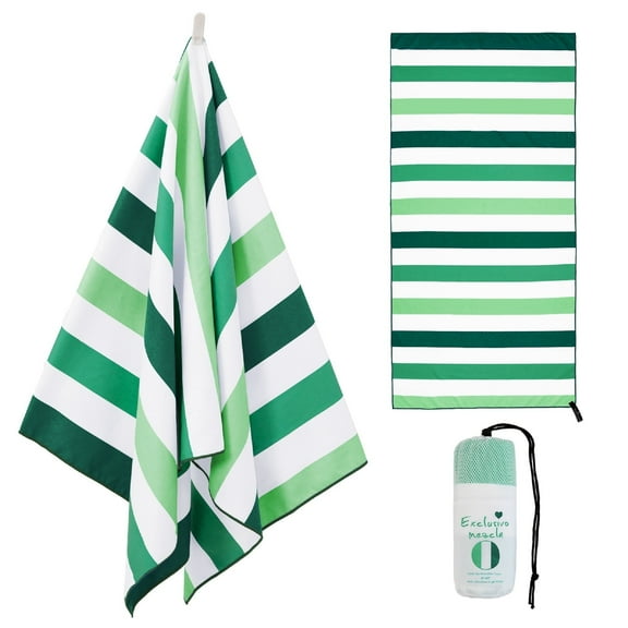 Exclusivo Mezcla Large Microfiber Quick Dry Beach Towel, Lightweight Sand-Free Cabana Stripe Pool Travel Camping Towel with Bag (Forest Green, 30"X60")