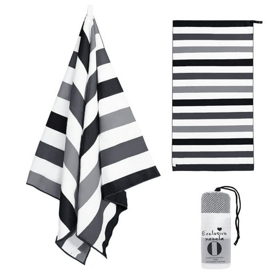 Exclusivo Mezcla Large Microfiber Quick Dry Beach Towel, Lightweight Sand-Free Cabana Stripe Pool Travel Camping Towel with Bag (Black, 30"X60")