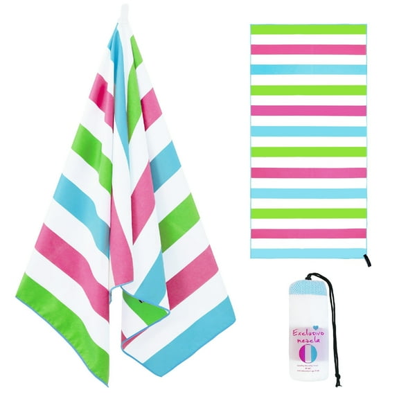Exclusivo Mezcla Large Microfiber Quick Dry Beach Towel, Lightweight Sand-Free Cabana Stripe Pool Travel Camping Towel with Bag (Multicolor, 30"X60")