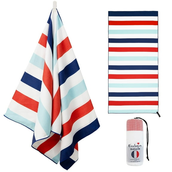 Exclusivo Mezcla Large Microfiber Quick Dry Beach Towel, Lightweight Sand-Free Cabana Stripe Pool Travel Camping Towel with Bag (Navy, 30"X60")