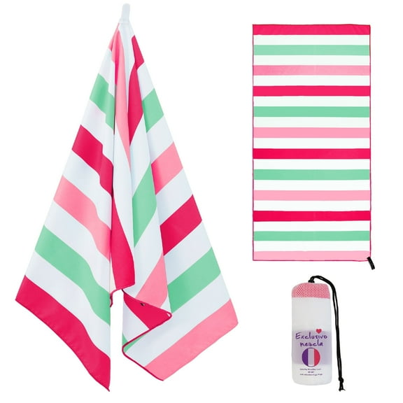 Exclusivo Mezcla Large Microfiber Quick Dry Beach Towel, Lightweight Sand-Free Cabana Stripe Pool Travel Camping Towel with Bag (Pink, 30"X60")