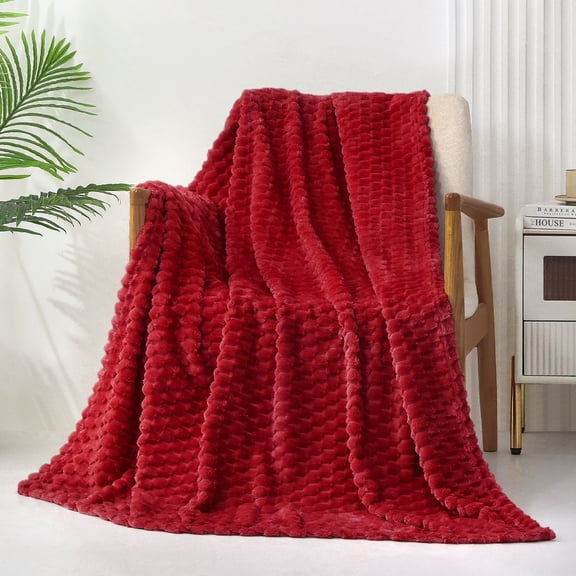 Exclusivo Mezcla Large Soft Fleece Throw Blanket, 50"x70" Stylish Jacquard Throw Blanket for Couch, Cozy, Warm, Lightweight Deep Red Blanket