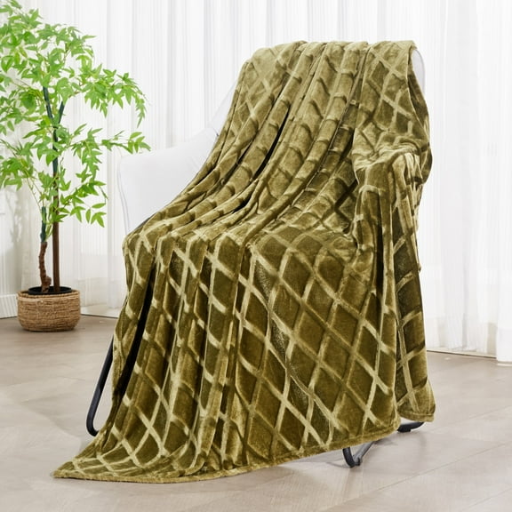 Exclusivo Mezcla Large Soft Throw Blanket for Couch, 50x70 Inches Diamond Geometry Pattern Velvet Fleece Blanket, Cozy, Warm and Lightweight Olive Green Blanket