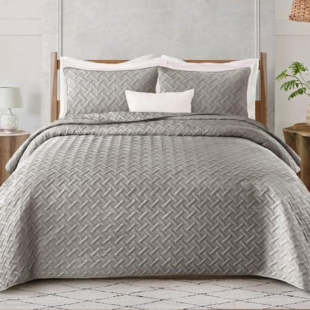 Exclusivo Mezcla Light Gray Twin Quilt Set, Weave Pattern Ultrasonic Lightweight Bedspreads, Soft Coverlets Bedding Set with Pillow Sham