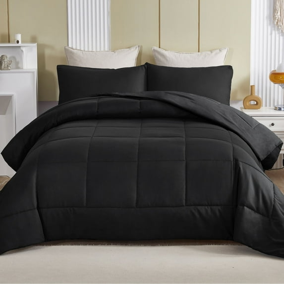 Exclusivo Mezcla Lightweight Reversible 2-Piece Comforter Set All Seasons, Down Alternative Comforter with 1 Pillow Sham, Twin Size, Black