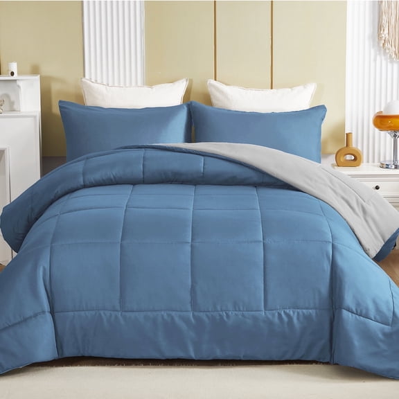 Exclusivo Mezcla Lightweight Reversible 2-Piece Comforter Set All Seasons, Down Alternative Comforter with 1 Pillow Sham, Twin Size, Bluish Grey/Light Grey