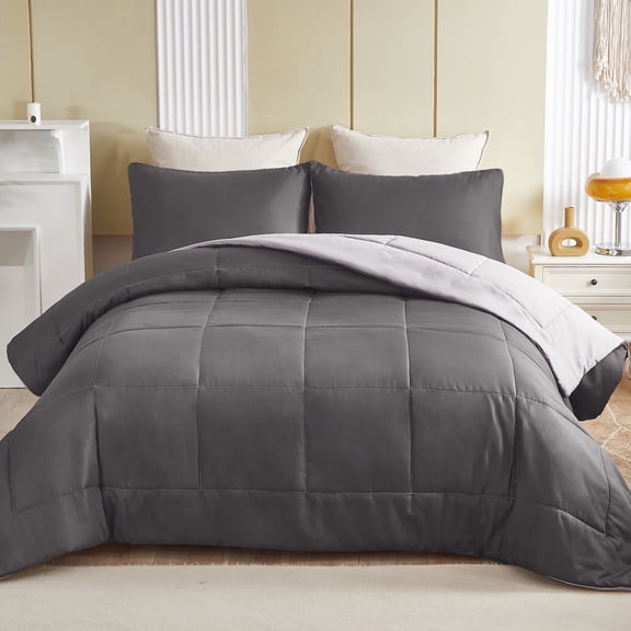 Exclusivo Mezcla Lightweight Reversible 2-Piece Comforter Set All Seasons, Down Alternative Comforter with 1 Pillow Sham, Twin Size, Grey