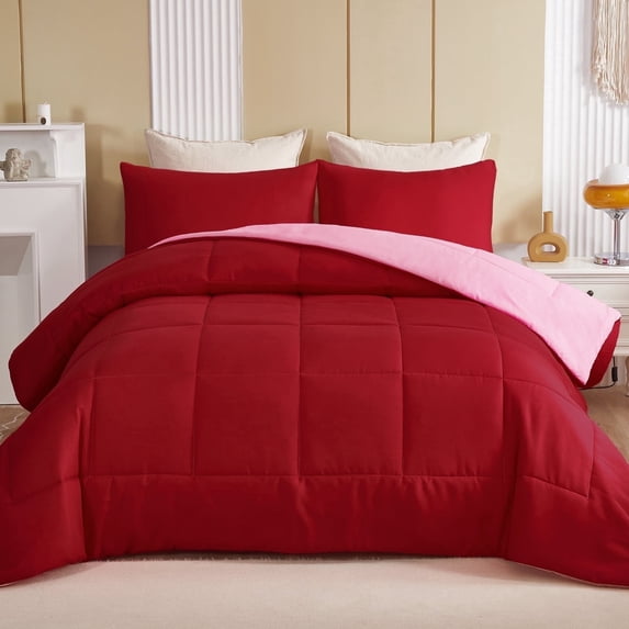 Exclusivo Mezcla Lightweight Reversible 3-Piece Comforter Set All Seasons, Down Alternative Comforter with 2 Pillow Shams, Full Size, Red/ Pink