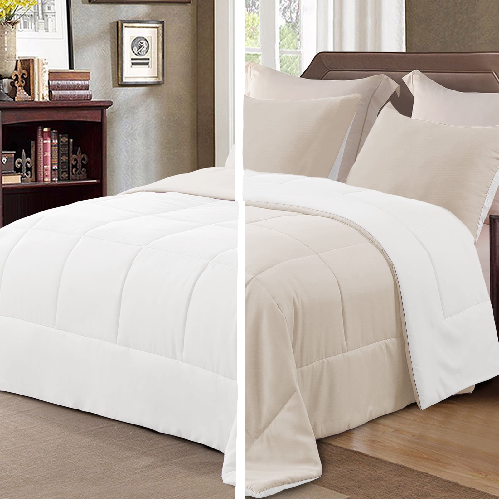 Beige and White Reversible Queen Microfiber Comforter Set