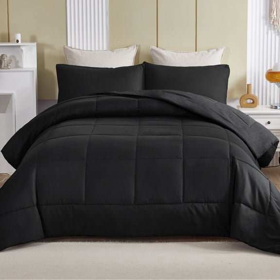 Exclusivo Mezcla Lightweight Reversible 3-Piece Comforter Set All Seasons, Down Alternative Comforter with 2 Pillow Shams, Queen Size, Black