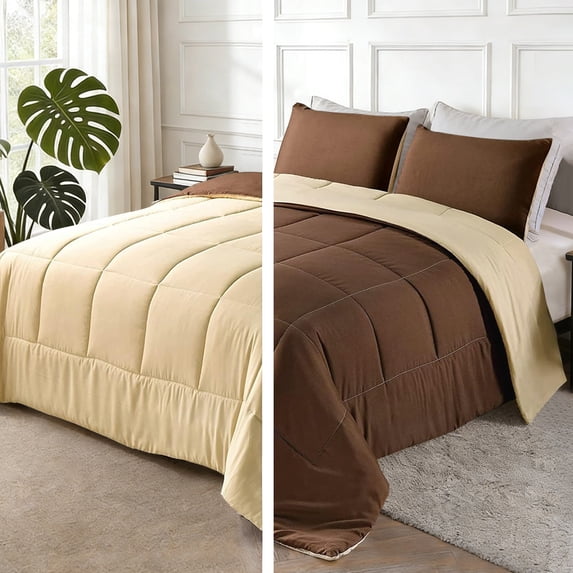 Exclusivo Mezcla Lightweight Reversible 3-Piece Comforter Set All Seasons, Down Alternative Comforter with 2 Pillow Shams, Queen Size, Brown/ Khaki