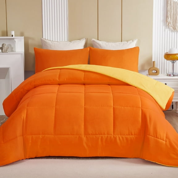 Exclusivo Mezcla Lightweight Reversible 3-Piece Comforter Set All Seasons, Down Alternative Comforter with 2 Pillow Shams, Queen Size, Orange/ Yellow