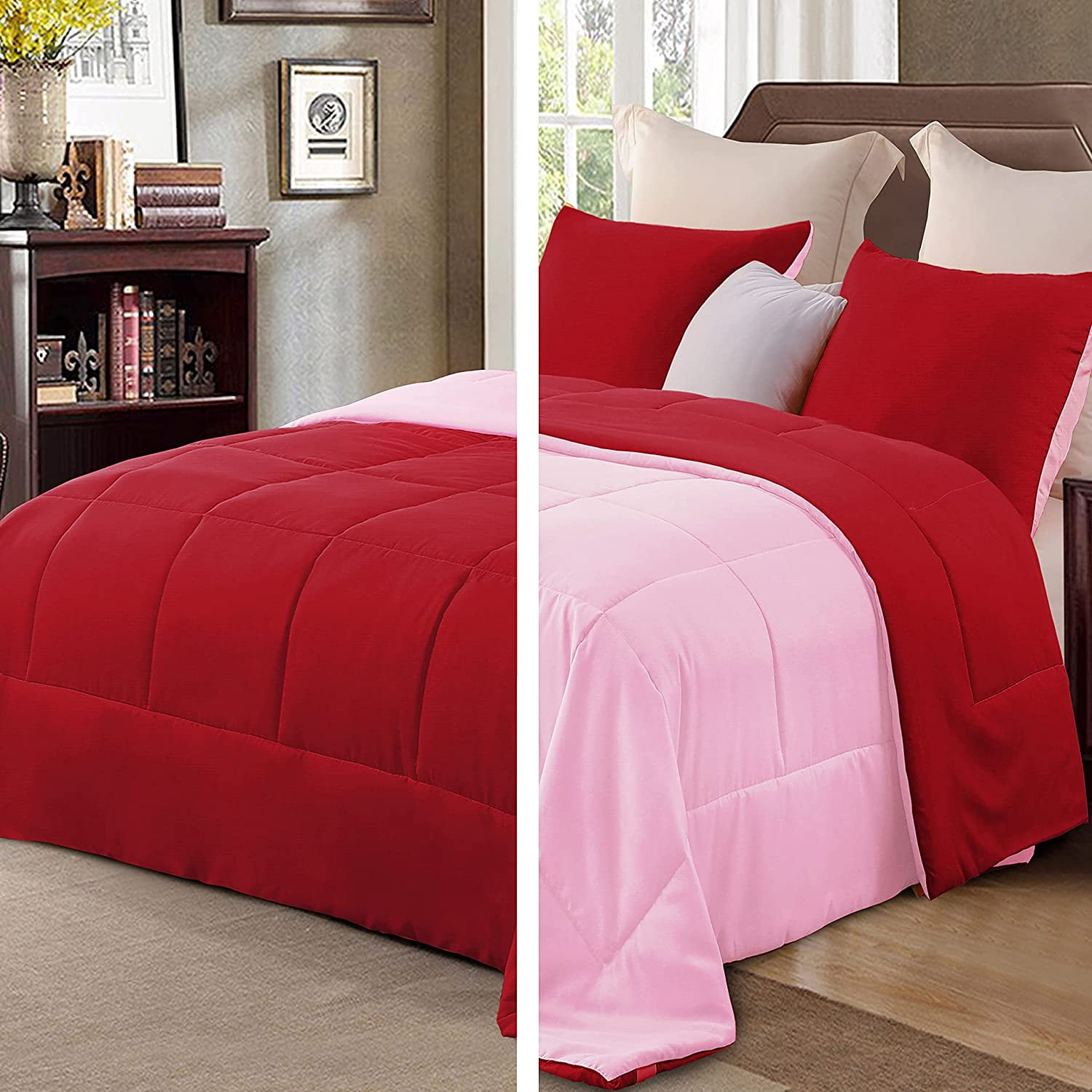 Exclusivo Mezcla Lightweight Reversible 3-Piece Comforter Set All Seasons, Down Alternative Comforter with 2 Pillow Shams, Queen Size, Red/ Pink