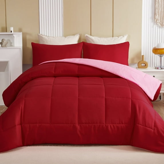 Exclusivo Mezcla Lightweight Reversible 3-Piece Comforter Set All Seasons, Down Alternative Comforter with 2 Pillow Shams, Queen Size, Red/ Pink