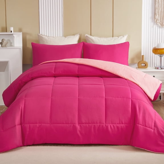 Exclusivo Mezcla Lightweight Reversible 3-Piece Comforter Set All Seasons, Down Alternative Comforter with 2 Pillow Shams, King Size, Hot Pink/Blush Pink