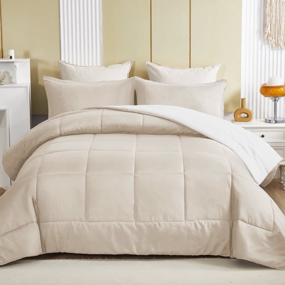Exclusivo Mezcla Lightweight Reversible 3-Piece Comforter Set All Seasons, Down Alternative Comforter with 2 Pillow Shams, Oversized Queen Size, Beige/White