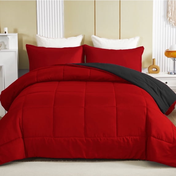Exclusivo Mezcla Lightweight Reversible 3-Piece Comforter Set All Seasons, Down Alternative Comforter with 2 Pillow Shams, Oversized Queen Size, Red/Black