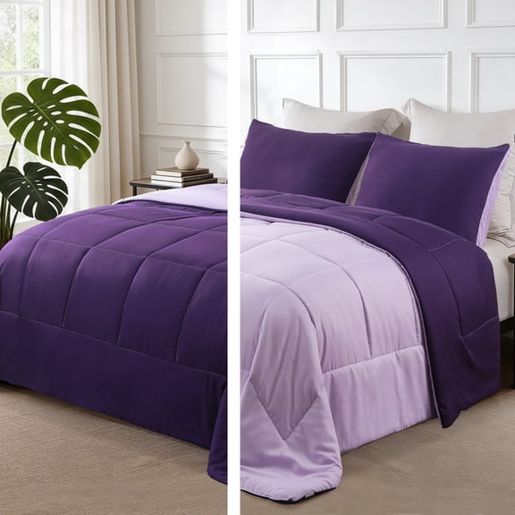 Exclusivo Mezcla Lightweight Reversible 3-Piece Comforter Set All Seasons, Down Alternative Comforter with 2 Pillow Shams, Queen Size, Deep Purple/ Lilac