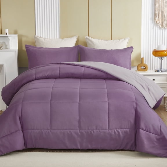 Exclusivo Mezcla Lightweight Reversible 3-Piece Comforter Set All Seasons, Down Alternative Comforter with 2 Pillow Shams, Queen Size, Dusty Lavender/Lilac Ash