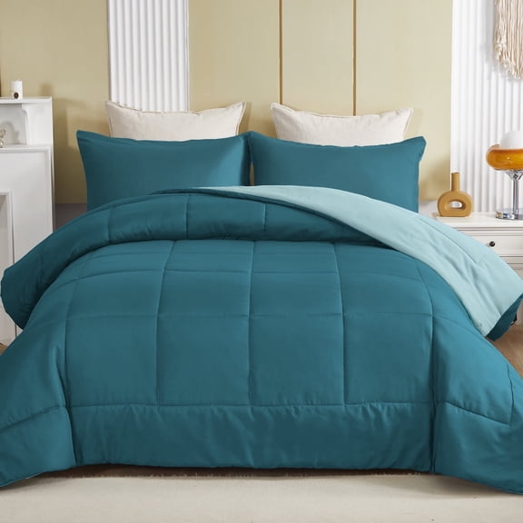 Exclusivo Mezcla Lightweight Reversible 3-Piece Comforter Set All Seasons, Down Alternative Comforter with 2 Pillow Shams, Queen Size, Dusty Teal/Spa Blue