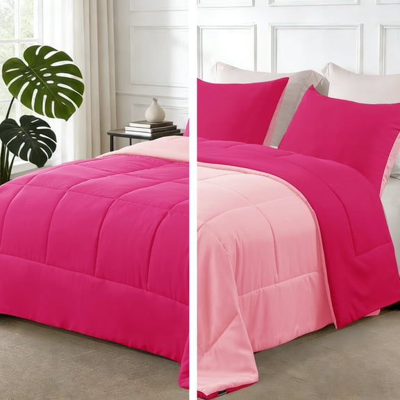 Exclusivo Mezcla Lightweight Reversible 3-Piece Comforter Set All Seasons, Down Alternative Comforter with 2 Pillow Shams, Queen Size, Hot Pink/Blush Pink