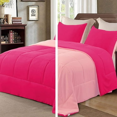 Exclusivo Mezcla Lightweight Reversible 3-Piece Comforter Set All Seasons, Down Alternative Comforter with 2 Pillow Shams, Queen Size, Hot Pink/ Blush Pink