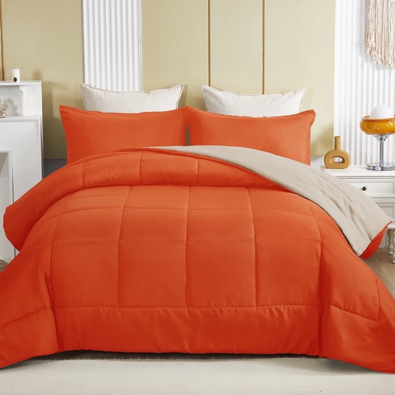 Exclusivo Mezcla Lightweight Reversible 2-Piece Comforter Set All Seasons, Down Alternative Comforter with 1 Pillow Sham, Twin Size, Burnt Orange/Brich Beige