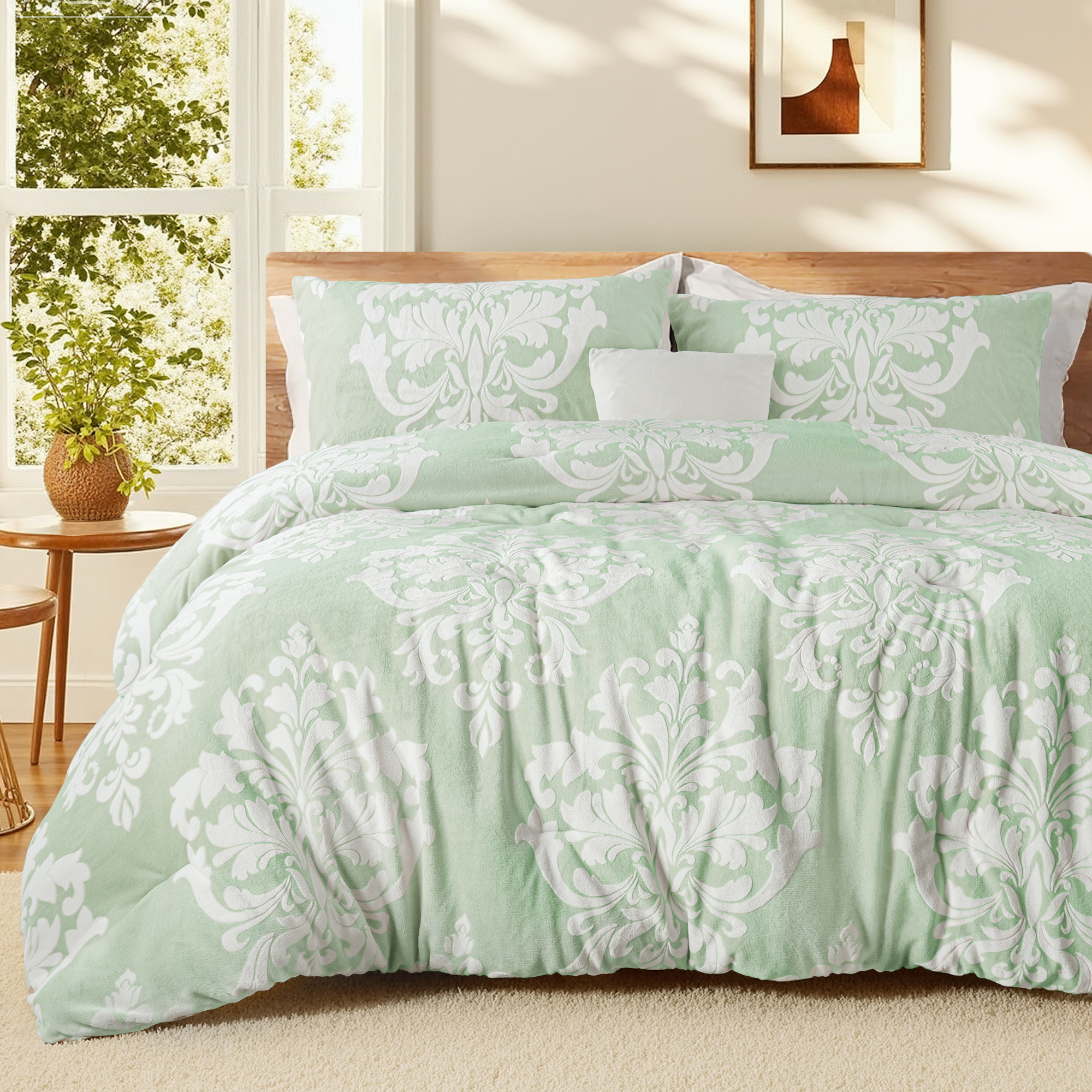 Exclusivo Mezcla Luxury Fuzzy King Size Comforter Set, 3 Pieces Boho Soft Warm Sage Green Comforters, Reversible Flannel Fluffy Bedding Comforter Sets for All Seasons
