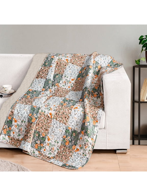 Microfiber Boho Patchwork Pattern Quilted Throw Blanket for Bed/Couch/Sofa, Soft and Lightweight (50"x 60",Camel)