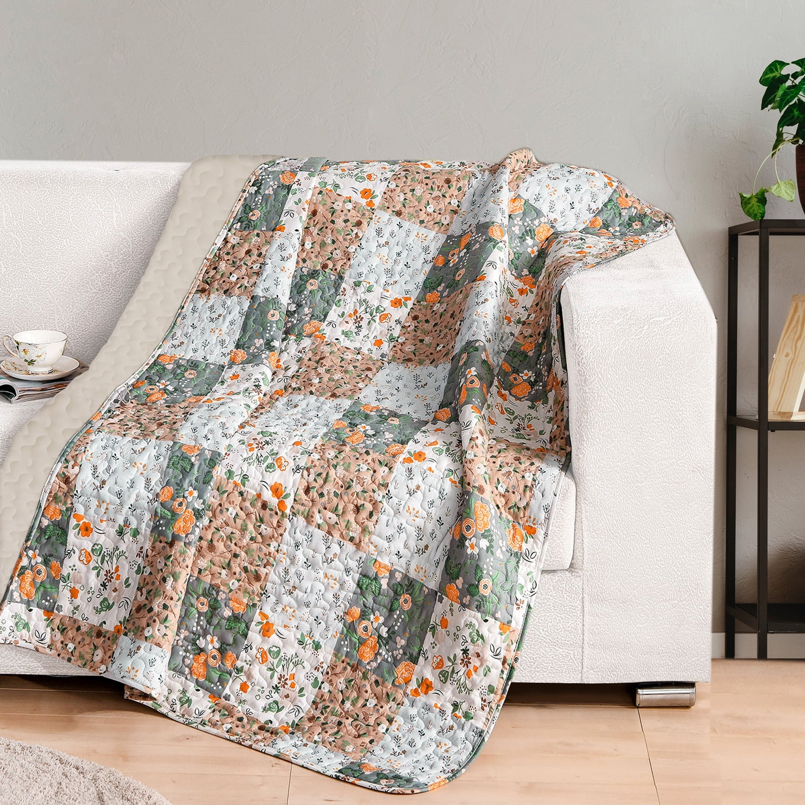 Camel Beige Microfiber Boho Patchwork Quilted Throw Blanket
