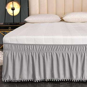 Exclusivo Mezcla Microfiber Pom Pom Bed Skirt with Adjustable Elastic Belt, Easy Wrap Around Dust Ruffles with 16 Inch Tailored Drop, Wrinkle and Fade Resistant, (Full, Light Grey)