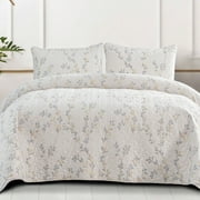 Exclusivo Mezcla Microfiber Queen Size Quilt Set, 3 Piece Lightweight Bedspreads/ Coverlet/ Bedding Set with 2 Pillow Shams, Gradient Floral Pattern, (96"x 92", White)