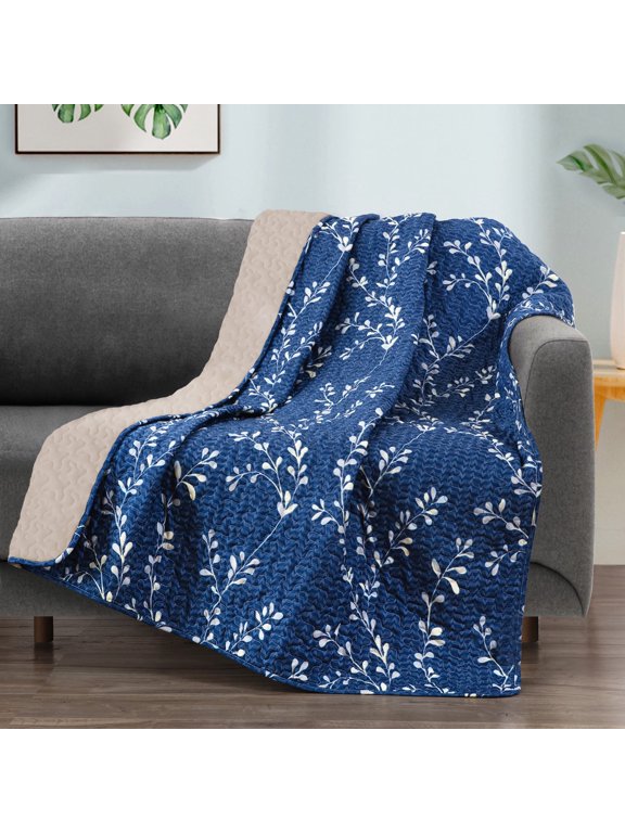 Microfiber Quilted Throw Blanket, Flower Pattern Throw Blanket for Bed/ Couch/ Sofa, Soft and Lightweight (50"x 60",Navy)