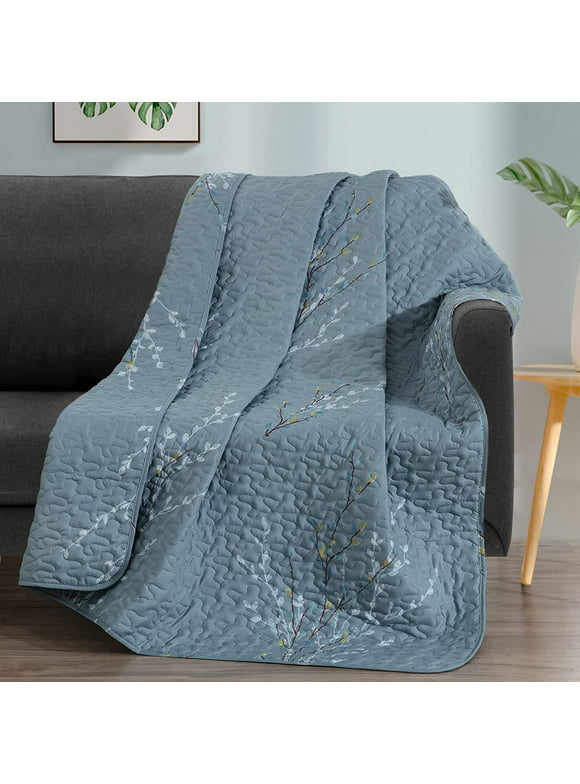 Exclusivo Mezcla Microfiber Quilted Throw Blanket, Flower Pattern Throw Blanket for Bed/ Couch/ Sofa, Soft and Lightweight (50"x 60", Stone Blue)