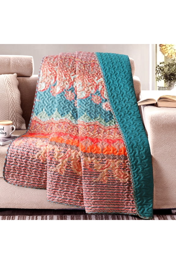 Microfiber Reversible Boho Striped Pattern Quilted Throw Blanket for Bed/Couch/Sofa, Soft and Lightweight (50"x 60", Teal)