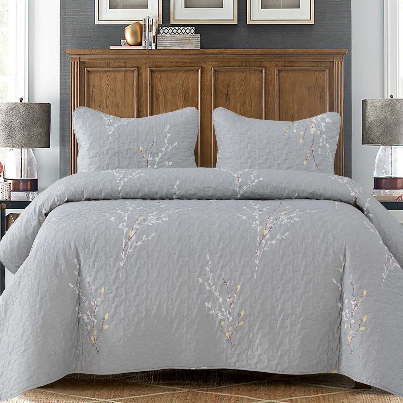 Exclusivo Mezcla Microfiber Twin Size Quilt Set, 2 Pieces Lightweight Bedspreads/ Coverlet/ Bedding Set with 1 Pillow Sham, Floral Branches Pattern (68"x 88", Gray)
