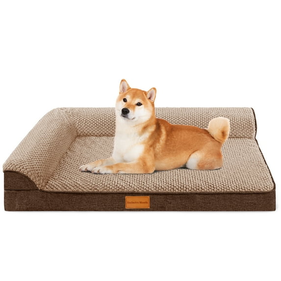 Exclusivo Mezcla Jacquard Orthopedic Pet Bed for Median Dogs, 30"X20" Waterproof L Shaped Dog Bed with Washable Cover, Brown