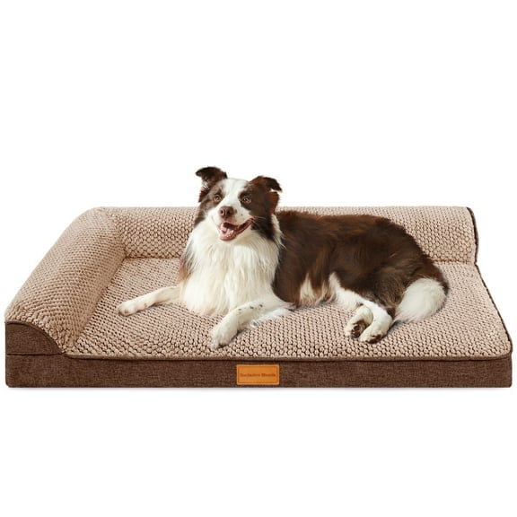 Exclusivo Mezcla Jacquard Orthopedic Pet Bed for Large Dogs, 42"X28" Waterproof L Shaped Dog Bed with Washable Cover, Brown