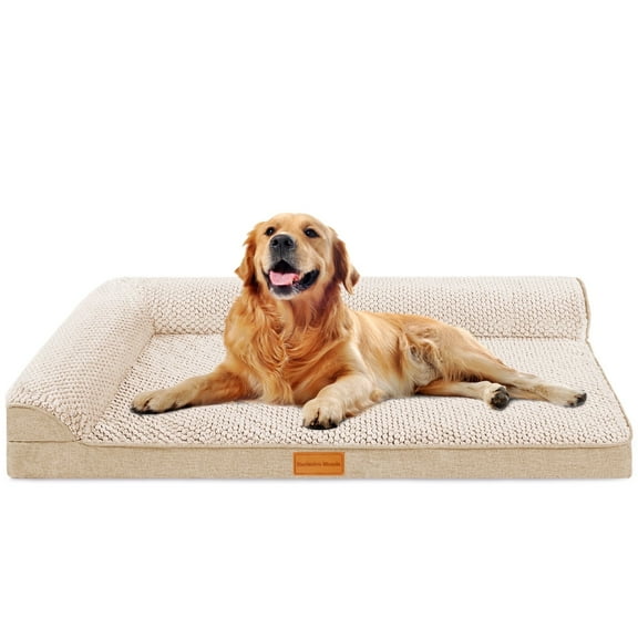 Exclusivo Mezcla Jacquard Orthopedic Pet Bed for Extra Large Dogs, 48"X30" Waterproof L Shaped Dog Bed with Washable Cover, Ivory