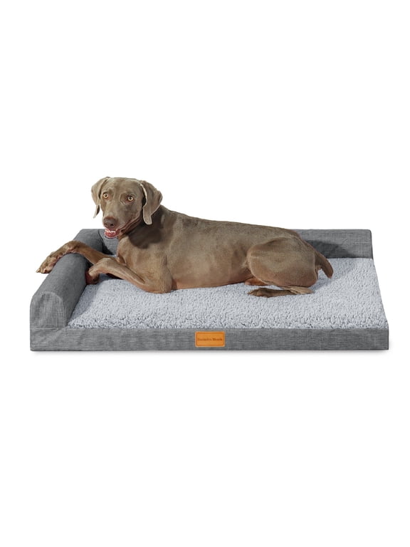 L-Shaped Pet Couch Bed with Removable and Washable Cover 42"x28", Orthopedic Dog Bed for Large Dogs with Non-Slip Bottom, Grey