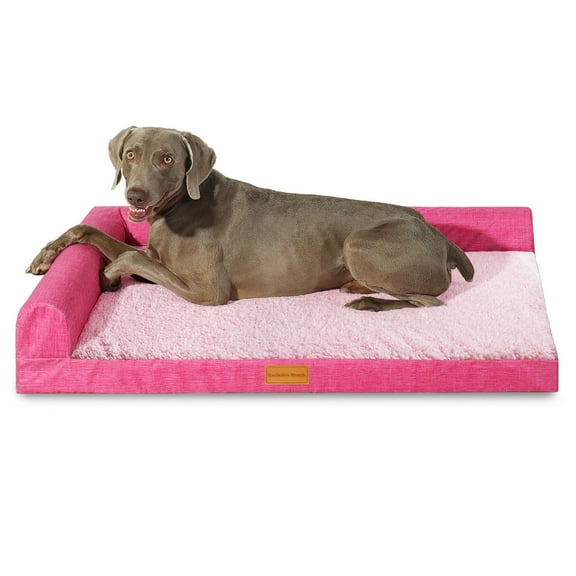 Exclusivo Mezcla Orthopedic Pet Bed for Large Dogs 42"X28", L Shaped Waterproof Dog Beds with Removable Washable Cover, Pink