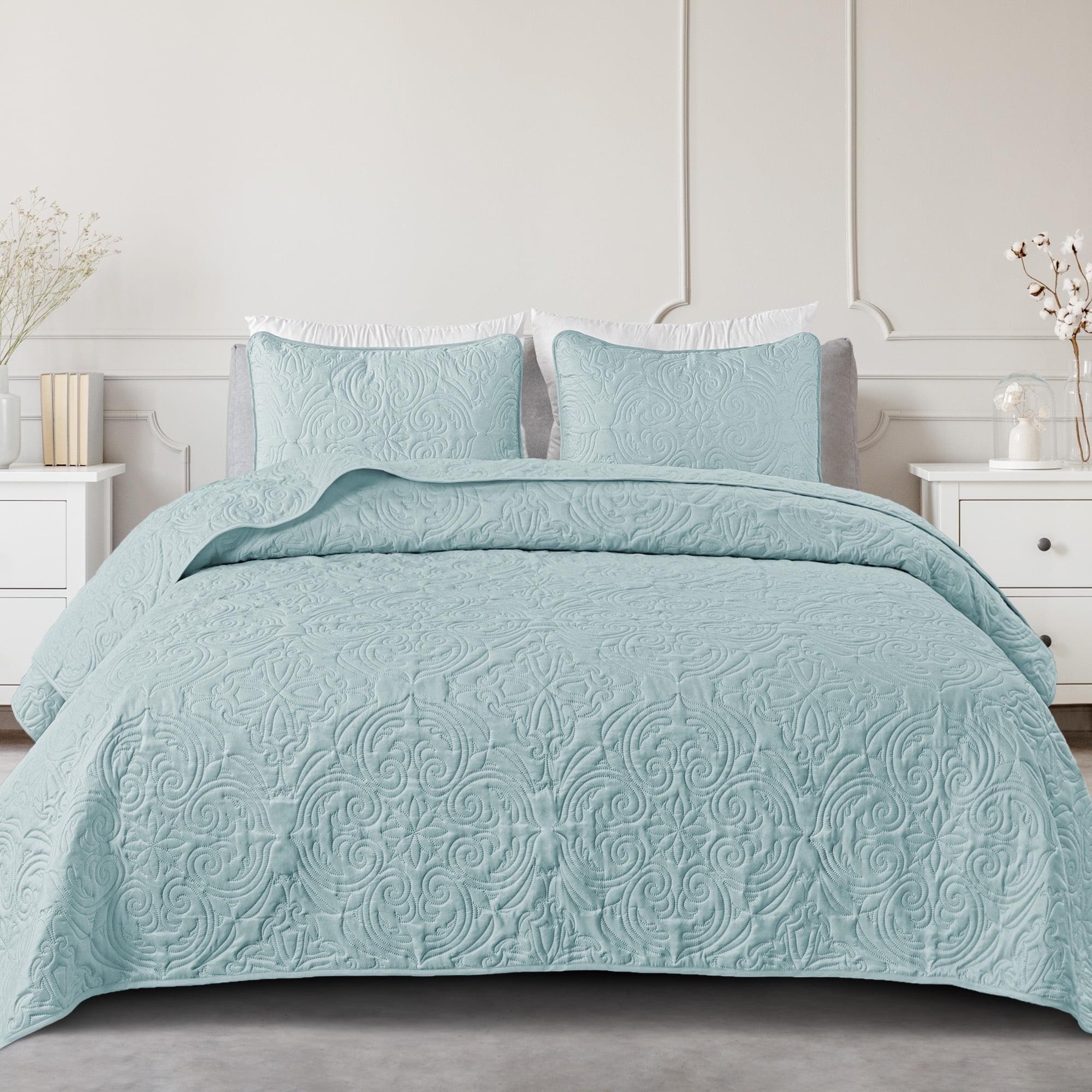 Exclusivo Mezcla Oversized King Quilt Bedding Set, Lightweight Vintage California Cal King Size Quilts with Pillow Shams, Soft Bedspreads Coverlets for All Seasons (112"x104", Aqua)