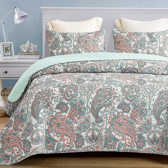 Exclusivo Mezcla Reversible Boho Quilt Set King Size, 3 Pieces Paisley Aqua All Season Bedspreads, Ultra Soft Floral Coverlet Bedding Set with Printed Pattern (1 Quilt, 2 Pillow Shams)