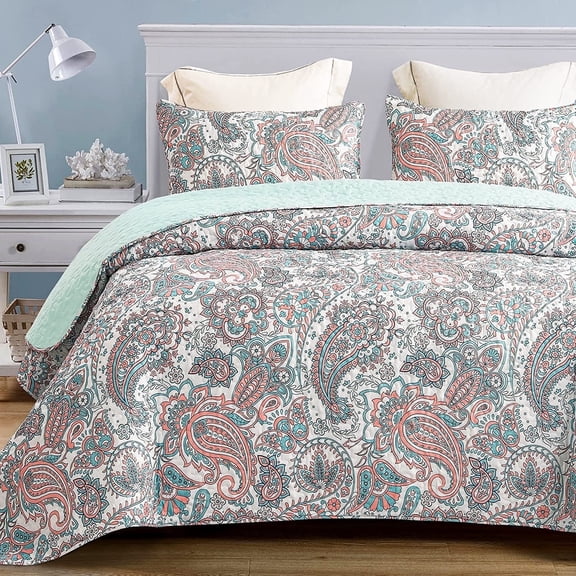 Exclusivo Mezcla Reversible Boho Quilt Set Queen Size, 3 Pieces Paisley Aqua All Season Bedspreads, Ultra Soft Floral Coverlet Bedding Set with Printed Pattern (1 Quilt, 2 Pillow Shams)