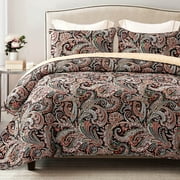 Exclusivo Mezcla Reversible Boho Quilt Set King Size, 3 Pieces Paisley Black All Season Bedspreads, Ultra Soft Floral Coverlet Bedding Set with Printed Pattern (1 Quilt, 2 Pillow Shams)